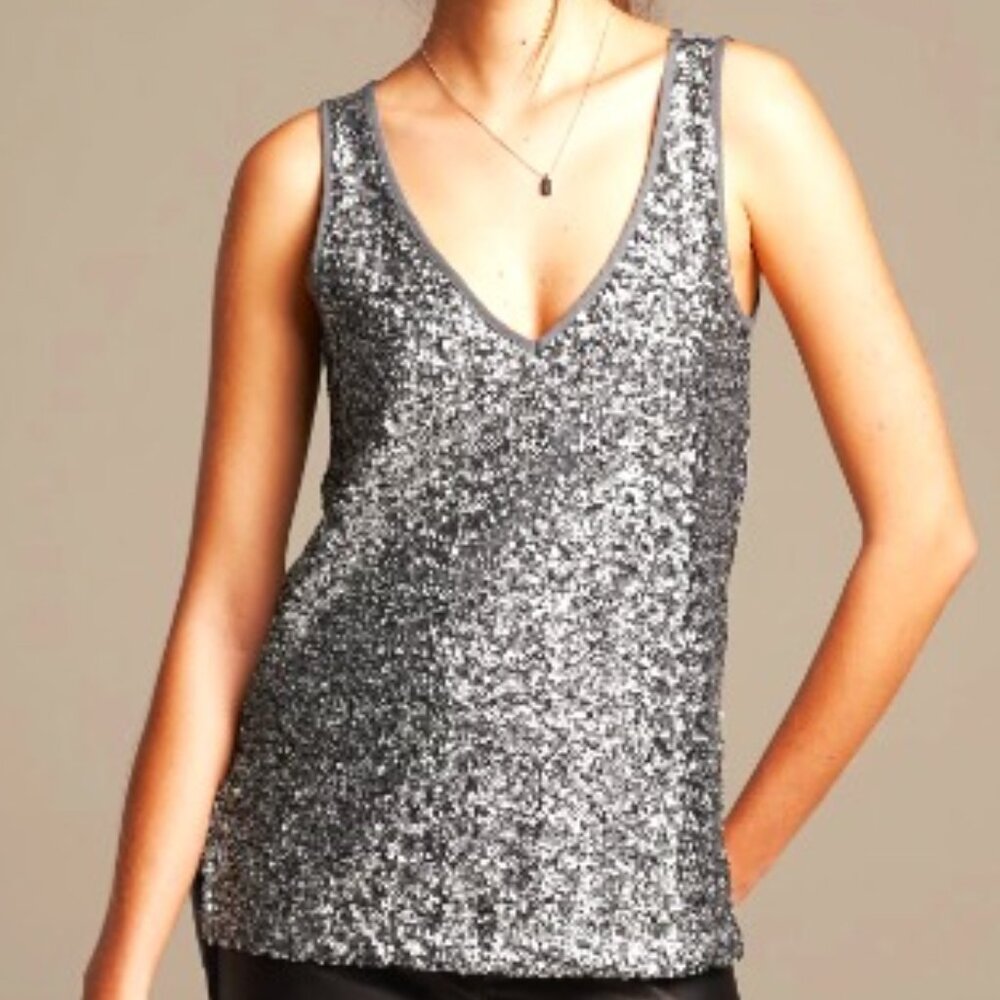 Banana Republic Silver Sequin V Neck Tank Medium Petite